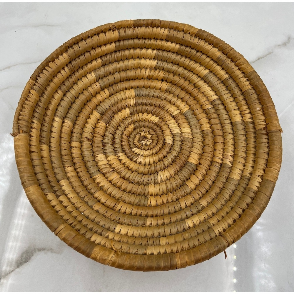 Vintage Hand Woven Coiled Basket Bowl Round Boho Decorative Tray 10.5 Inch